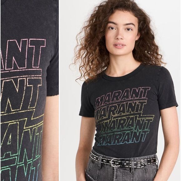 NWT Marant Etoile Logo-Print Cotton-Jersey T-Shirt - Gray Large $ 220.00 - Picture 1 of 9